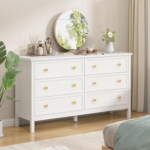 CARPETNAL White Dresser for Bedroom, 55 Inch 6 Drawer Dresser with Wide Drawer and Gold Handles, Woode Dressers & Chests of Drawers for Hallway, Entryway. - Image 1