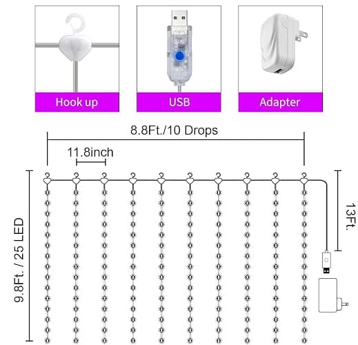16 Colors Changing Curtain Lights - 250 LED 9.8 X 8.8 FT Fairy String Lights, 7 Modes Twinkle Lights with Remote, Backdrop Wall Hanging Dripping Lights for Bedroom Backyard Halloween Christmas Decor - Multicolor - 250LED thumbnail 6