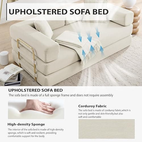 Vanress Convertible Folding Sofa Bed, Modern Futon Sleeper Sofa Fold Out Couch Bed with Gold Fixed Frame, Modular Floor Sofas Comfy Corduroy Boneless Couches for Living Room (78" Beige) thumbnail 4