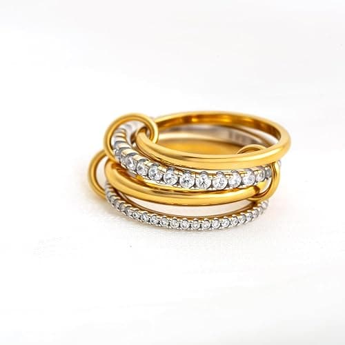 Bopiu Gold Stackable Rings for Women Non Tarnish, 18k Gold Plated Cubic Zirconia Rings, Silver Gold Multi Ring Mixed Metals Stack Rings Set thumbnail 4