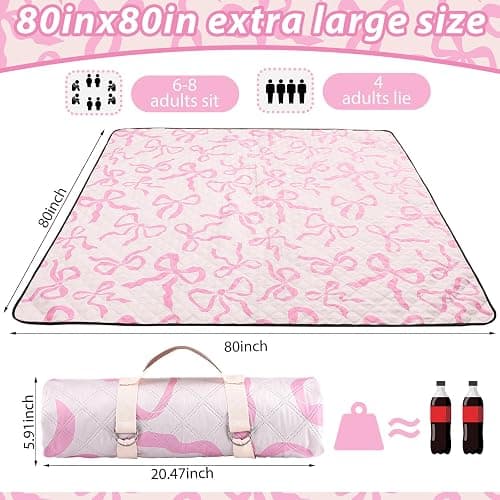 SmoothNovelty Pink Bow Picnic Blanket 80'' x 80'' Waterproof Extra Large Camping Blanket Coquette Picnic Mat Foldable Portable Preppy Outdoor Beach Mat with Carry Strap for Outdoor Grass Lawn Park thumbnail 3