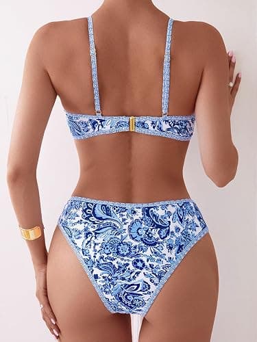 Tainehs Women's Two Piece Bikini Sets O Ring Front Top Ditsy Floral Triangle Swimsuits Cheeky Bathing Suit thumbnail 4