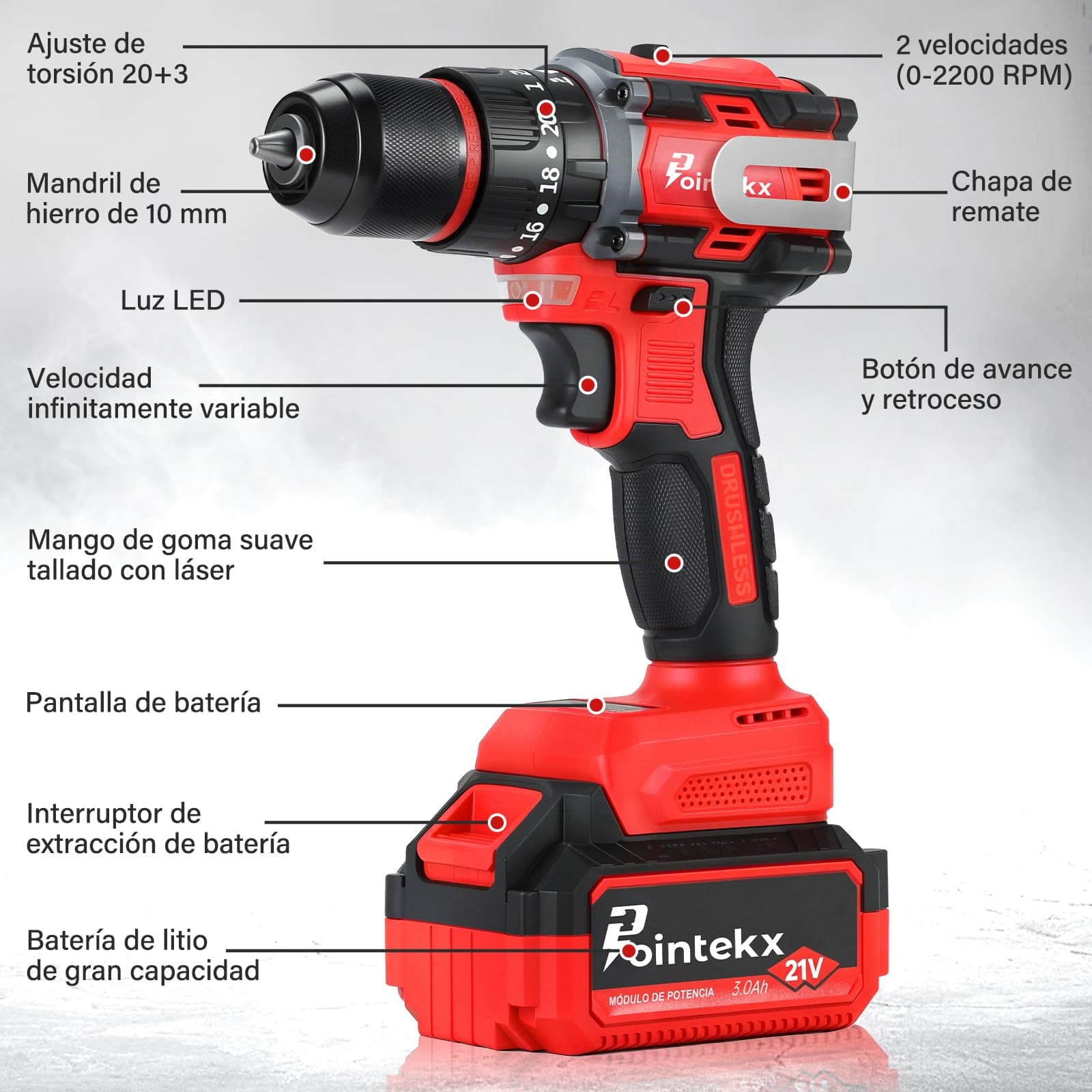 Taladro Inalámbrico 21V, 55N.m Taladro Atornillador Inalambrico Motor sin Escobillas, 3 Modos (Perforación/Tornillo/Impacto), 20 Ajuste Esfuerzo de torsión, 2 Baterías de 3.0Ah thumbnail 9