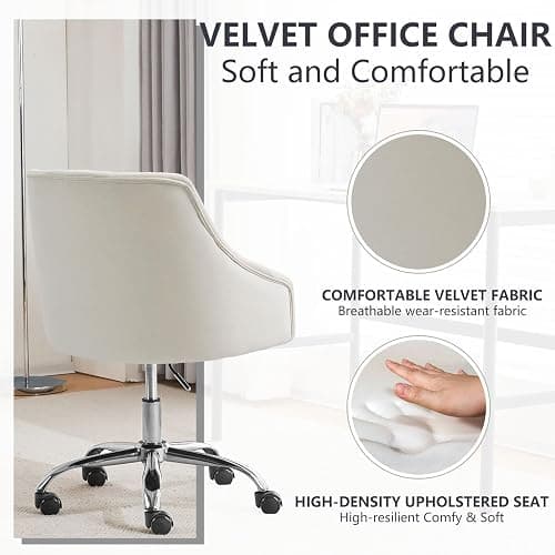 MOJAY Velvet Office Swivel Chair, Vanity Fabric Desk Pretty Fancy Gold Office Chairs for Girls, 360°Swivel Height Adjustable Reception Chair (White) thumbnail 4