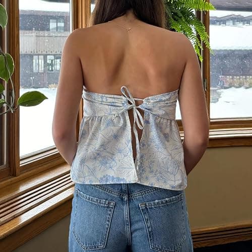 Women Y2k Tube Tops Strapless Floral Bandeau Vest Sexy Tie Up Sleeveless Backless Cute Tops Summer Grunge Clothes thumbnail 4