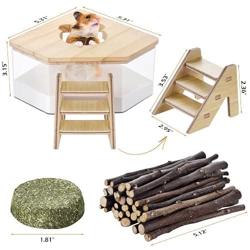 HKBZQC Hamster Sand Bath House 6Pcs, Small Pet Sand Bath Kit with Ladder, Chew Sticks, Food, Grass Cake, Bath Sand, Cage Accessories for Dwarf Syrian Hamsters Gerbils thumbnail 2