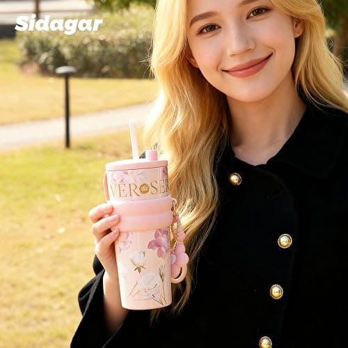 Sidagar 24 oz Stainless Steel Tumbler with Lid and Straw, Insulated Coffee Mug, Leak Proof, Portable Iced Travel Water Bottle, Reusable Thermal Coffee Cup, Floral Pink thumbnail 8