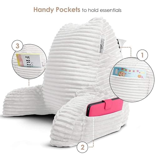 Reading Pillow with Shredded Memory Foam, Luxe Cut Plush Back Pillow for Sitting Up in Bed, Back and Arms Adjustable Support for Adult & Teens, Backrest Pillows with Washable Cover White thumbnail 7