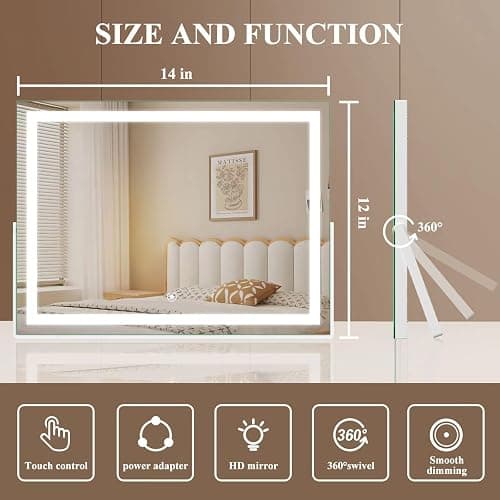 Gvnkvn Ligheted Vanity Mirror with Lights, 14" x 10" LED Makeup Mirror, 3 Modes Light, Smart Touch Control Dimmable, 360°Rotation, Rectangle White Frame thumbnail 2