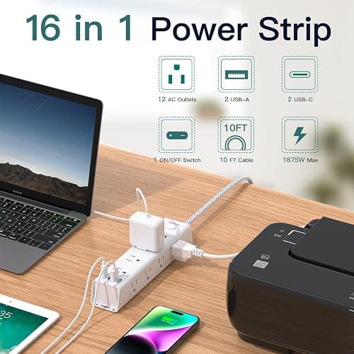 Surge Protector Power Strip - 10 FT Extension Cord, Power Strip with 12 Widely AC Outlet 4 USB, Flat Plug Wall Mount Overload Protection, 1050J, Desk Charging Station for Home Office, ETL Listed,White thumbnail 2