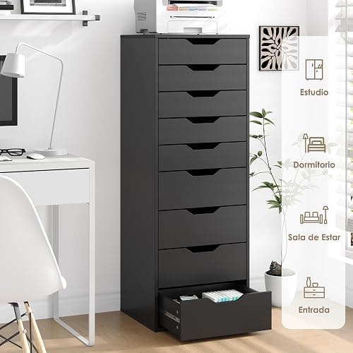 FOREHILL Cómodas y Cajoneras, Sinfonier Dormitorio Alto, Cajonera con 9 Cajones, Cajonera Armario Interior, Mueble Almacenaje para Dormitorio, Salón, Moderno Negro 45x40x124.5cm thumbnail 5