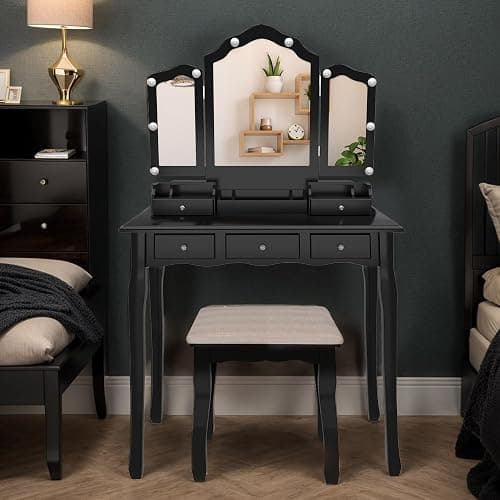 NEDYO Vanity Table, Vintage Vanity Desk with Mirror and Lights, Tri-Fold Mirror Small Makeup Vanity with Chair, Vanity Set for Bedroom and Small Spaces. Carbon Black thumbnail 4