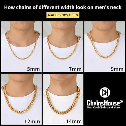 ChainsHouse Stainless Steel Mens Cuban Link Chain, Black/18K Gold Miami Cuban Chain Necklace, 5mm/7mm/9mm/12mm/14mm Width, No Tarnish& Durable Hip Hop Mens Jewelry, 18"-30", Send Gift Box thumbnail 5