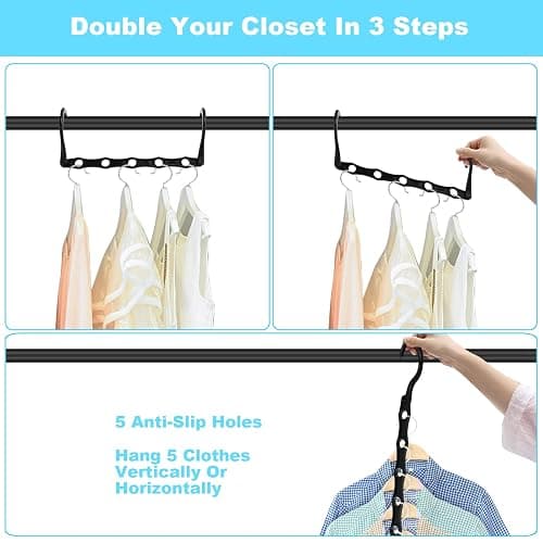 10 Pack Space Saving Hangers Closet Organizer & Storage for Clothes, Black | Heavy duty ABS plastic, 360° swivel hook, magic cascading multi slots, dorm apartment RV seasonal shirts pants coats sweaters thumbnail 5