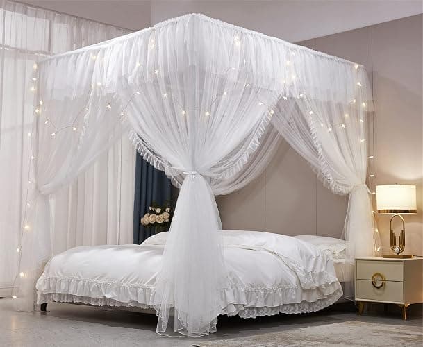 HUOQOU Baldaquin Princesse avec Volants Ciel de Lit Rectangulaire à 4 Ouvertures Moustiquaire Double Couche pour Chambre de Fille Décoration Romantique Doux et Respirant (Blanc,1,35W x 2l x 2,1H(m)) thumbnail 6