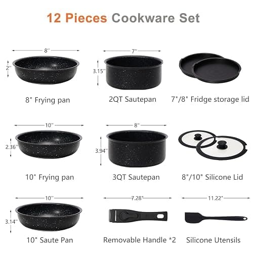 Sweetcrispy 12-Piece Granite Nonstick Pots and Pans Set, Black | Detachable Handle, Stackable, Space-Saving, Dishwasher ＆ Oven Safe, Induction Ready, RV & Condo Kitchen, New Home Cookware thumbnail 3