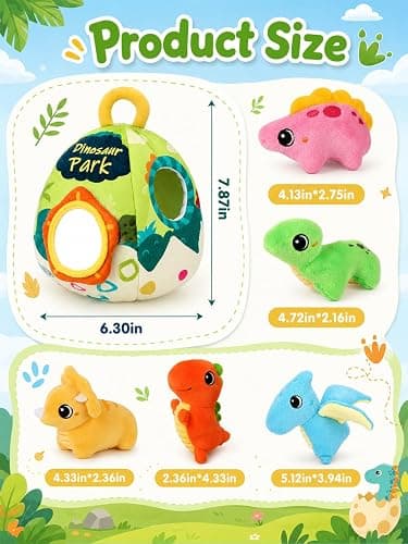 Baby Toys 6-12 Months - Soft Baby Stuffed Dinosaur with 5 Sensory Dinos | Rattle, Crinkle Paper, Squeaker, Mirror, Montessori Plush Toys for Toddlers 0-3 Years Old - Christmas Birthday Gift thumbnail 7