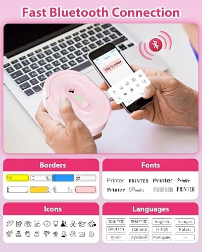 NDYIN Label Maker Machine with Tape, N12 Portable Bluetooth Label Printer, Wireless Mini Label Makers Thermal Sticker with Multiple Templates for Home, Kitchen, School, Office Organization, Pink thumbnail 2