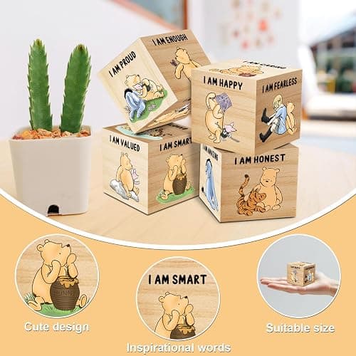 Tillfuru 6 Pcs Inspirational Winnie Nursery Decor for Girls and Boys Wooden The Pooh Decorations Winnie Baby Table Wooden Decorations Winnie Shelf Decor for Bedroom Playroom Gifts 1.6 Inch thumbnail 3