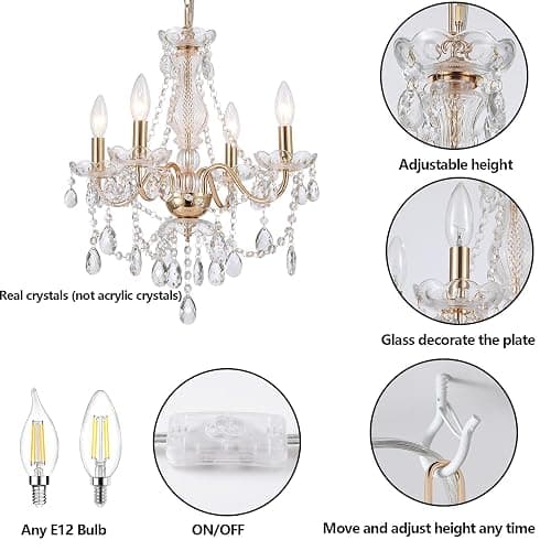 AMZASA Plug in Crystal Chandelier,French Country Gold Crystals Chandelier Pendant Lighting, 5 Light Glass Crystal Light for Living Room, Wedding, Island, Bedroom, Hallway,Foyer,Electroplating thumbnail 2