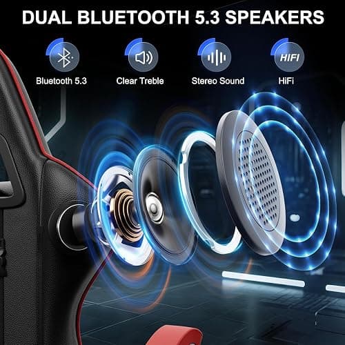 Bigzzia Ergonomic Gaming Chair With Speakers Lumbar and Headrest Cushions | Built-in Bluetooth Speakers, 360° swivel, High-density Padding, up to 110kg for Adults (Red) thumbnail 4