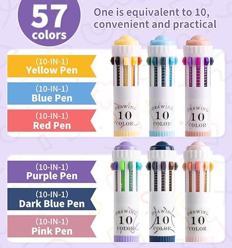 Joyask 6 Park Multicolor Pens, 10-in-1 Colored Ballpoint Pen, 57 Colors, 0.8mm Fine Point Smooth Writing, Retractable Ballpoint Pens for Office School Students Children thumbnail 3