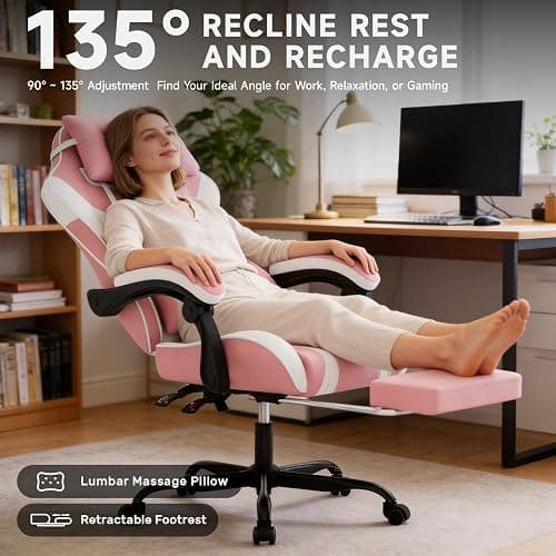 seyaber Ergonomic Gaming Chair,A Versatile 3-in-1 Video Game Chair for Work, Study, and Gaming,Features an Adjustable Backrest, Footrest, and Linked Armrests Office Chair for Adults,Pinkwhite thumbnail 3