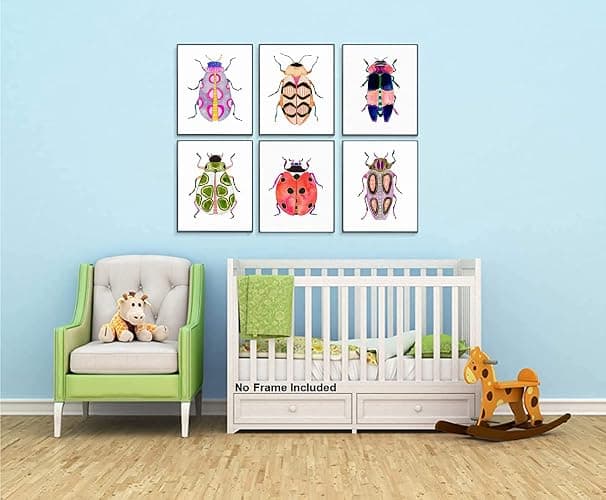 Colorful Insect Wall Art Prints,Watercolor Blue Beetle Ladybug Canvas Painting Colorful Insect Wall Art Poster for Kids Baby Room Decoration Home Decor Picture,Set of 6 (8"X10"inches,Unframed). thumbnail 4