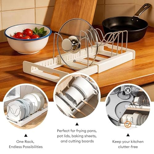 Tenrry Adjustable Pot and Pan Organizer for Cabinet, Expandable 12"-22" Pan Lid Rack with 7 Stainless Steel Dividers, ABS White Kitchen Cabinet Organizer for Pots, Lids, Cutting Boards thumbnail 3