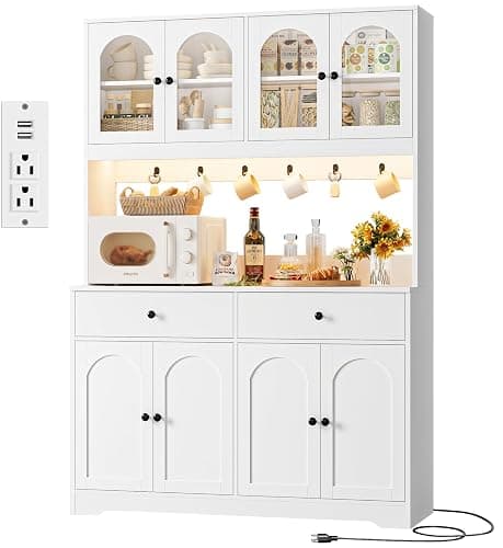 HIFIT 71" LED Kitchen Pantry Cabinet with Power Outlet, Large Kitchen Hutch Storage Cabinet with Arched Door & Shelves & 2 Drawers, Tall Modern Coffee Bar with Hutch for Home Dining Living Room, White - Image 1