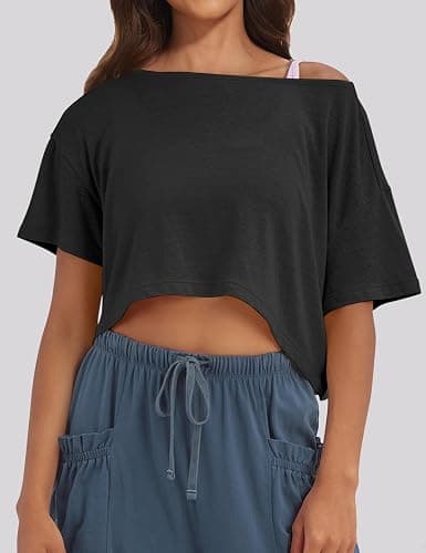 MISSACTIVER Oversized Off The Shoulder Top Short Sleeve, Boat Neck Crop Tee Workout Shirt thumbnail 4