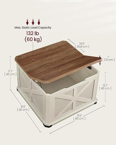 VASAGLE Farmhouse Coffee Table with Storage, Square Coffee Table for Living Room, Center Table with Flip-Top Lids, Honey Brown and Rustic White ULCT232W73 thumbnail 4