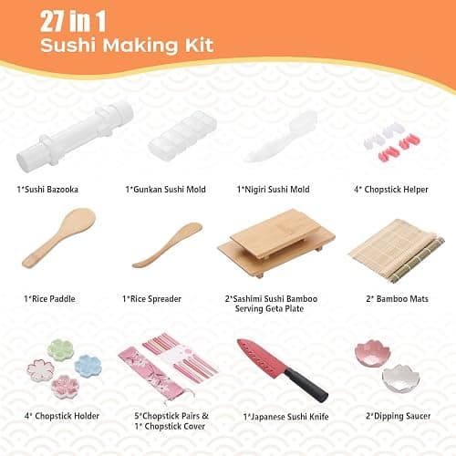 Beegofly Sushi Making Kit, 27-In-1 Sushi Bazooka Roller Set, Includes Japanese Sashimi Sushi Bamboo Serving Geta Plate,Sushi Knife And More, Diy Sushi Gift - Perfect For Beginners thumbnail 3