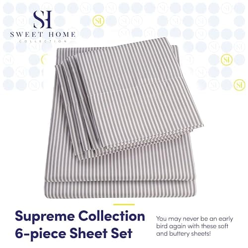 Queen Sheets Stripe Grey - 6 Piece 1500 Supreme Collection Fine Brushed Microfiber Deep Pocket Queen Sheet Set Bedding - 2 Extra Pillow Cases, Great Value, Queen, Classic Stripe Gray thumbnail 2