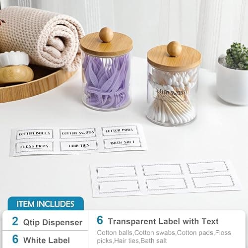 2 Pack Qtip Holder Dispenser with Bamboo Lids - 10 oz Clear Plastic Apothecary Jar Containers for Vanity Makeup Organizer Storage - Bathroom Accessories Set for Cotton Swab, Ball, Pads, Floss thumbnail 3