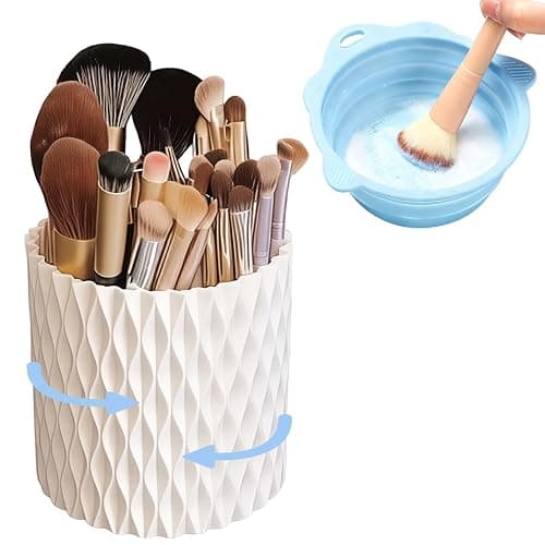 YLYZ Makeup Brush Holder with Cleaning Bowl, Makeup Brush Cleaner Mat Make up Brush Organizer Cosmetic Display Cases, Hair Brush Holder for Vanity, White - Image 1