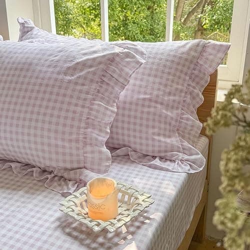 NSNLGSGC Pink Gingham Ruffle Queen Sheet Set, Pink Soft Pre-Washed Microfiber Plaid Queen Bed Sheets, 4-Pieces Farmhouse Sheet Set with Deep Pocket thumbnail 8