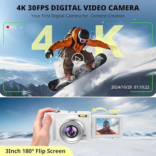 Duluvulu 4K Digital Camera for Photography Autofocus, 2026 Latest 48MP Vlogging Camera for YouTube with SD Card, 2 Batteries, 3" 180°Flip Screen Compact Travel Camera for Teens with 16X Zoom,Off White thumbnail 2