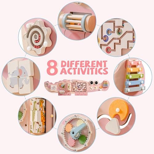 ROBOTIME Crocodile Busy Board Wall Panels for Toddlers, Pink Montessori Sensory Activity Board, Montessori Sensory Wall-Mounted Learning Center Toy for Kids Room, Educational Toys for Boys & Girls thumbnail 9