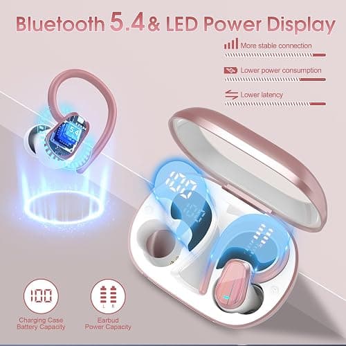 Wireless Earbuds, 50H Bluetooth 5.4 Headphones Sport, Bluetooth Earbuds with ENC Noise Canceling, HiFi Stereo Sound Wireless Earphones with Earhooks, IP7 Waterproof Ear Buds, Rose thumbnail 5