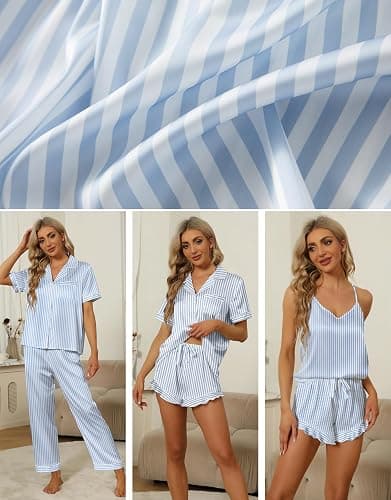 SAPJON Silk Pajamas for Women Set 4Pcs Ruffled Satin Pajamas Set Button Down Short Sleeve Cami Shorts Sleepwear Pj Set thumbnail 2