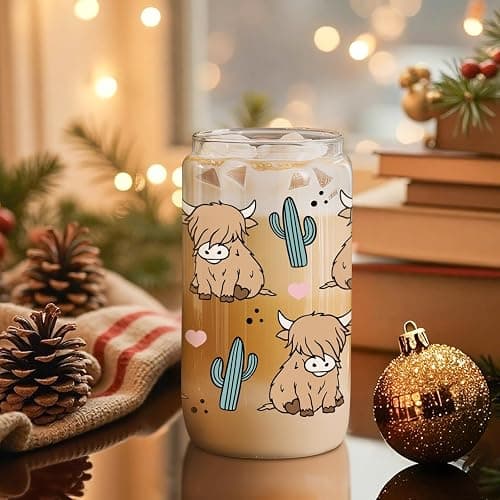 LEADO Highland Cow Cup, Cute Coffee Mug, 16 oz Glass Cups with Lids and Straws - Highland Cow Gifts for Women, Girls, Mom - Christmas, Birthday Gifts for Coffee Lovers Women, Cowgirls, Cute Stuff thumbnail 8