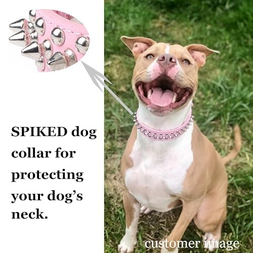 TEEMERRYCA Adjustable Leather Spiked Studded Dog Collars with a Squeak Ball Gift for Small Medium Large Pets Like Cats/Pit Bull/Bulldog/Pugs/Husky, Pink, L(15"-18.5") thumbnail 4