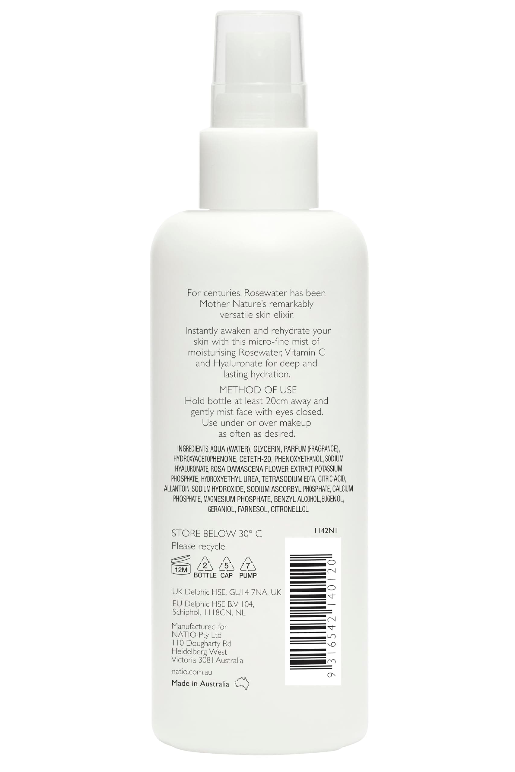 Natio Australia Rosewater Hydration Drench Mineral Face Mist 200ml - Refreshing Skin Balancing Rosewater & Hyaluronate Facial Mist - Hydrating, Replenishing & Balancing - Made in Australia thumbnail 4