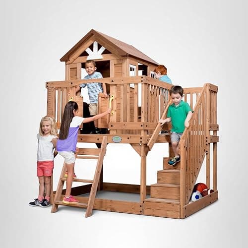 Backyard Discovery Scenic Heights Elevated Cedar Wooden Kids Playhouse with Play Kitchen, Wrap-Around Deck, Toy Storage Bench, Saloon-Style Doors, Ladder, Stairs, and Growth Chart for Outdoor Play thumbnail 10
