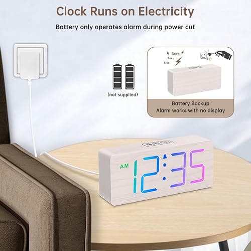 DreamSky Wooden Digital Clock for Bedroom Desk - RGB Loud Alarm Clock for Heavy Sleepers with Volume Control, Large Numbers with Dimmer for Living Room Office, Wood Decor (Plug in Clock) thumbnail 4