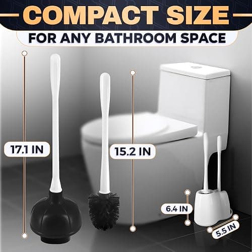 2-in-1 White Toilet Brush and Plunger Set with Holder – Compact Bathroom Cleaning Combo, Strong Rubber Plunger & Stiff Bristle Brush, Space-Saving Stand, Fits Most Standard Toilets, 9.3×6.3×15.2 inch thumbnail 2