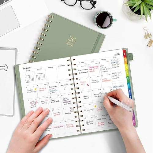 EMSHOI 2026 Planner, Weekly and Monthly, JAN 2026 - DEC 2026, A5 (5.7" x 8.3"), 100GSM Thick Paper, PVC Cover, Colorful Tabs - 2026 Calendar Organizer for Work, School, Home, LightGreen thumbnail 2