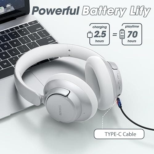 BERIBES Upgraded Hybrid Active Noise Cancelling Wireless Headphones with Transparent Modes,70H Playtime Bluetooth Headphones Wireless with Mic, Deep Bass,3.5MM Cable,Soft-Earpads,Fast Charging-Silver - Silver thumbnail 4