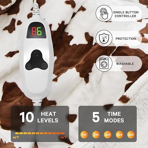 RUJIPO Cow Print Heated Electric Blanket Twin Size,62X84 Brown Heating Blanket with 10 Heats Levels & 8 Hours Auto Off,Highland Cow Fleece Sherpa Blankets Warmer Gifts for Women Adults Couch,Washable thumbnail 3
